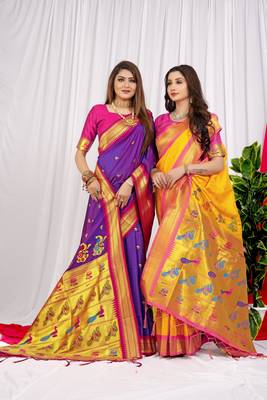 Yellow pure silk with gold zari Faux kanchipuram saree with blouse 2