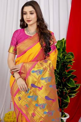 Yellow pure silk with gold zari Faux kanchipuram saree with blouse 3