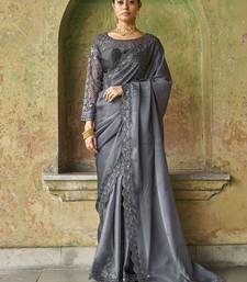 Winning Grey Sequined Embroidered Satin Party Wear Saree With Blouse