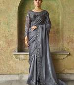 Winning Grey Sequined Embroidered Satin Party Wear Saree With Blouse