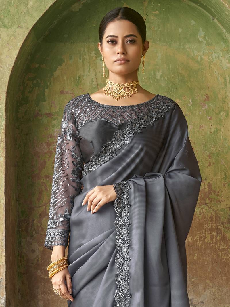 Winning Grey Sequined Embroidered Satin Party Wear Saree With Blouse