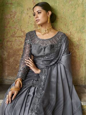 Winning Grey Sequined Embroidered Satin Party Wear Saree With Blouse 3