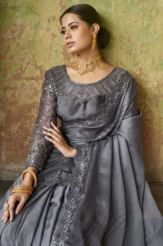 Winning Grey Sequined Embroidered Satin Party Wear Saree With Blouse