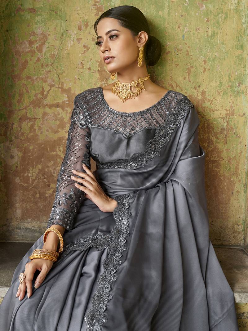 Winning Grey Sequined Embroidered Satin Party Wear Saree With Blouse