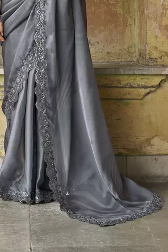 Winning Grey Sequined Embroidered Satin Party Wear Saree With Blouse