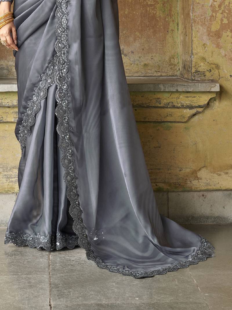 Winning Grey Sequined Embroidered Satin Party Wear Saree With Blouse