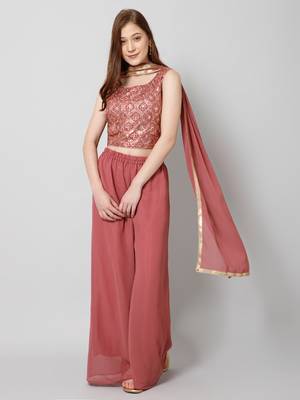 Women Georgette Ethnic Crop  Top Palazzo Dupatta Set  1
