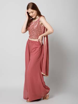 Women Georgette Ethnic Crop  Top Palazzo Dupatta Set  2