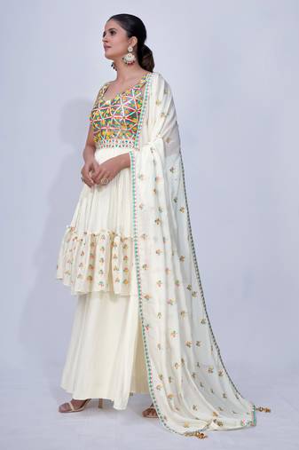 Fusionic off-white mirror_work readymade-suits With Dupatta