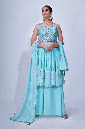 Fusionic aqua-blue mirror_work readymade-suits With Dupatta