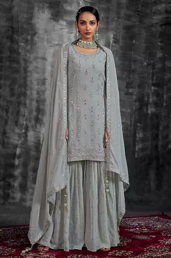 Fusionic grey mirror_work readymade-suits With Dupatta