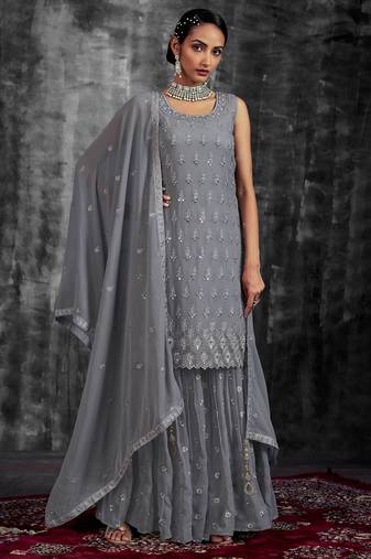 Fusionic grey mirror_work readymade-suits With Dupatta
