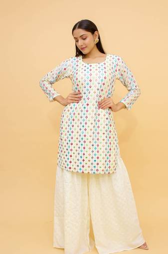 Fusionic white thread_work readymade-suits With Dupatta