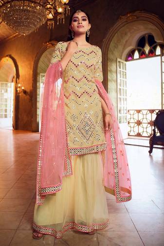 Fusionic beige thread_work dress-materials With Dupatta