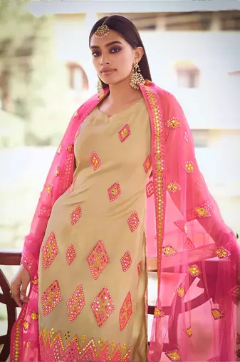 Fusionic beige thread_work dress-materials With Dupatta