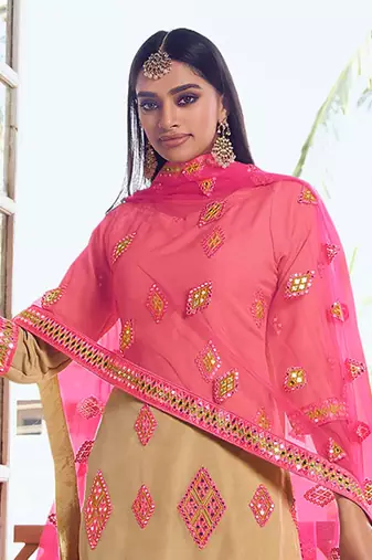 Fusionic beige thread_work dress-materials With Dupatta