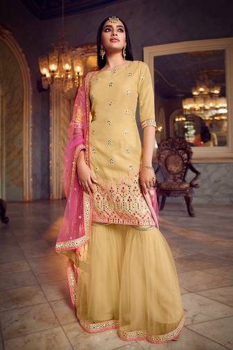 Fusionic beige thread_work dress-materials With Dupatta