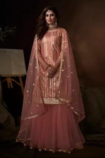 Fusionic pink thread_work dress-materials With Dupatta