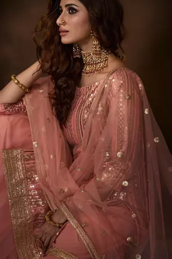 Fusionic pink thread_work dress-materials With Dupatta