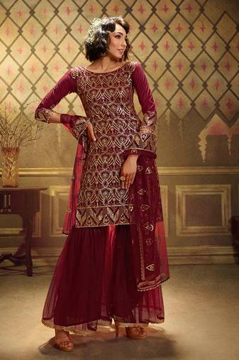 Fusionic maroon sequins_work dress-materials With Dupatta