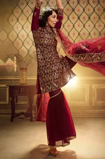 Fusionic maroon sequins_work dress-materials With Dupatta