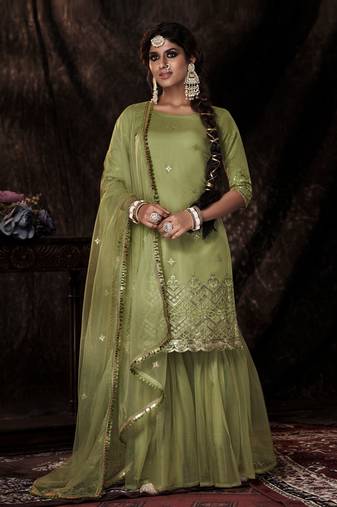 Fusionic parrot-green sequins_work dress-materials With Dupatta