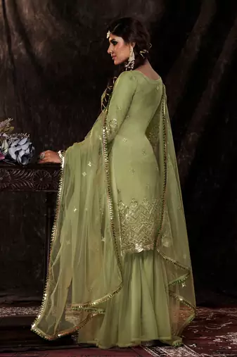 Fusionic parrot-green sequins_work dress-materials With Dupatta