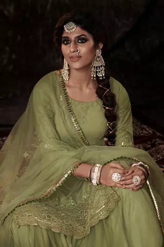 Fusionic parrot-green sequins_work dress-materials With Dupatta