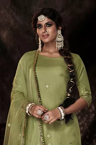 Fusionic parrot-green sequins_work dress-materials With Dupatta