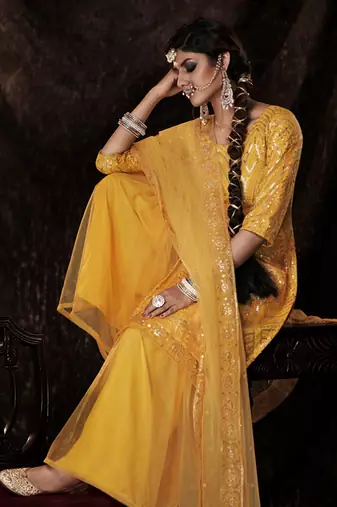 Fusionic mustard sequins_work dress-materials With Dupatta