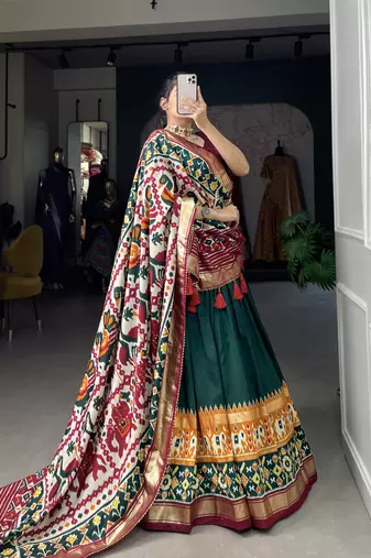 Women's Tussar Silk With Patola Print And Foil Work Lehenga Choli