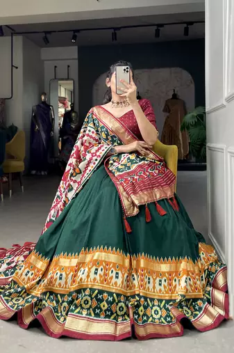 Women's Tussar Silk With Patola Print And Foil Work Lehenga Choli
