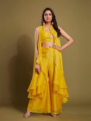 Yellow Organza Plain Indo-Western Suit  1