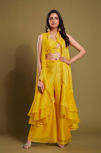 Yellow Organza Plain Indo-Western Suit 