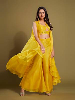 Yellow Organza Plain Indo-Western Suit  2