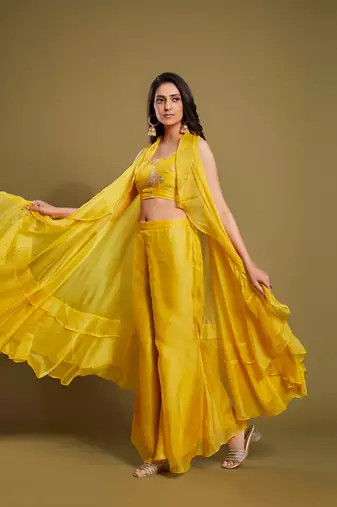 Yellow Organza Plain Indo-Western Suit 
