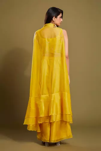 Yellow Organza Plain Indo-Western Suit 