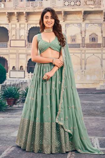 Fusionic green embroidered georgette lehenga-choli with blouse
