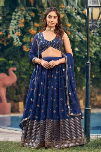 Fusionic navy-blue embroidered georgette lehenga-choli with blouse