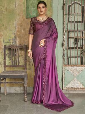 Sensational Wine Sequined Embroidered Satin Party Wear Saree With Blouse 1