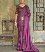 Sensational Wine Sequined Embroidered Satin Party Wear Saree With Blouse