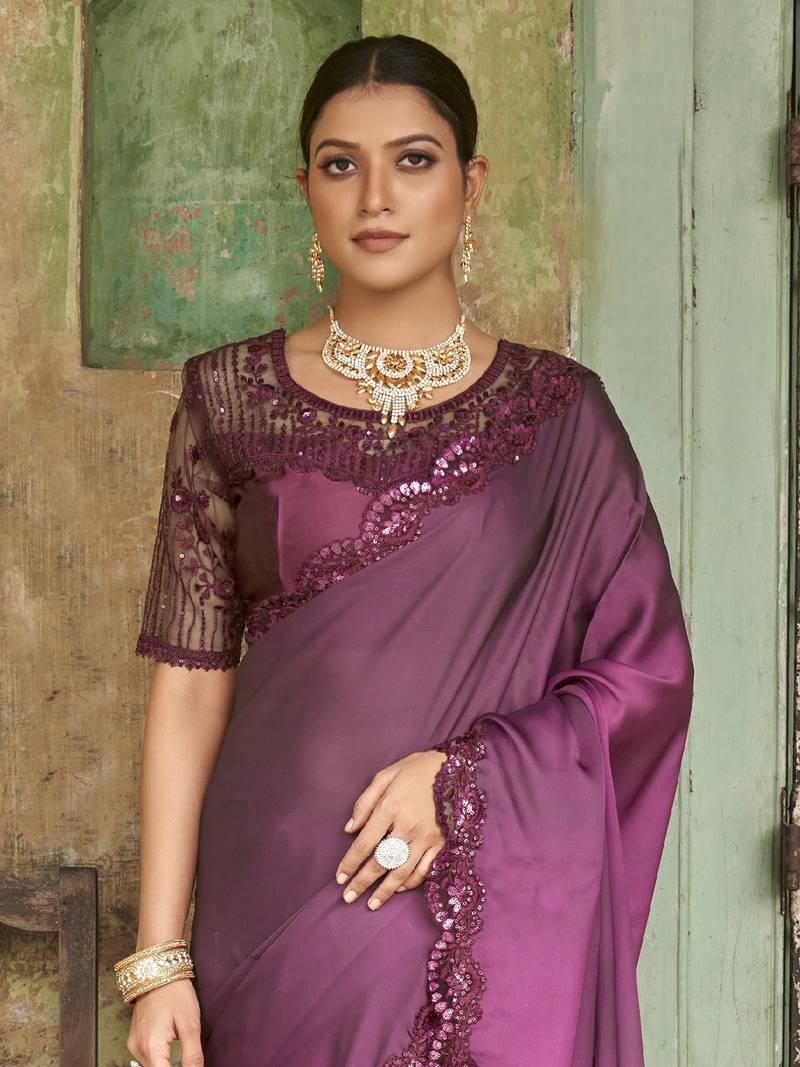 Sensational Wine Sequined Embroidered Satin Party Wear Saree With Blouse