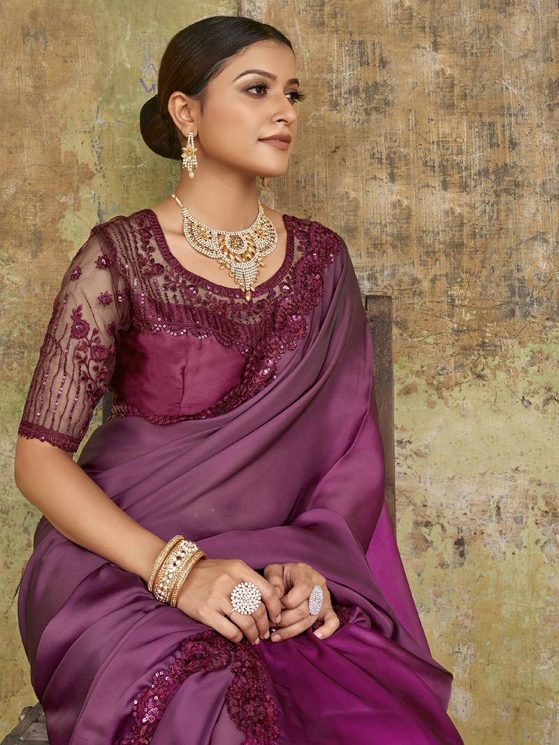 Sensational Wine Sequined Embroidered Satin Party Wear Saree With Blouse