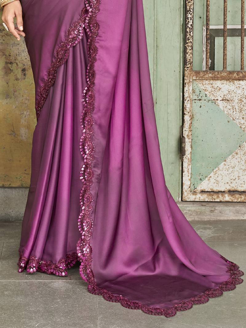 Sensational Wine Sequined Embroidered Satin Party Wear Saree With Blouse