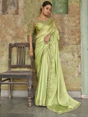 Engaging Limegreen Sequined Satin Party Wear Saree With Blouse 1