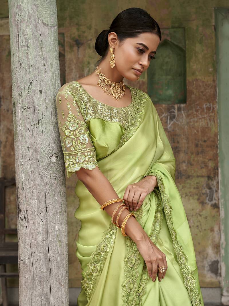 Engaging Limegreen Sequined Satin Party Wear Saree With Blouse
