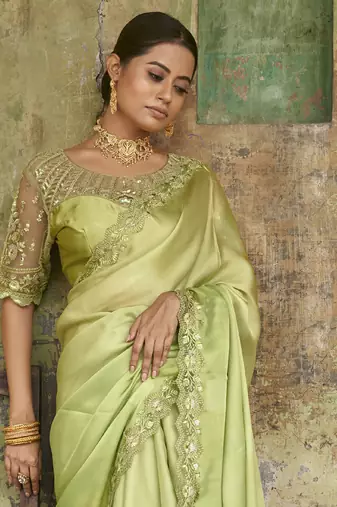 Engaging Limegreen Sequined Satin Party Wear Saree With Blouse