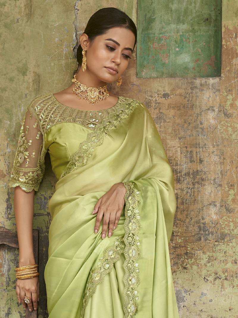 Engaging Limegreen Sequined Satin Party Wear Saree With Blouse