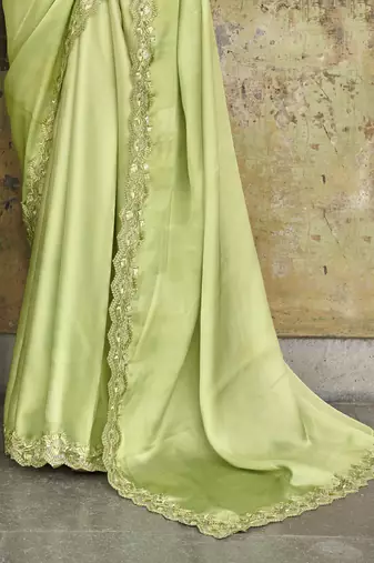 Engaging Limegreen Sequined Satin Party Wear Saree With Blouse