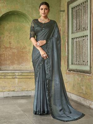 Stupendous Grey Sequined Satin Cocktail Party Wear Saree With Blouse 1